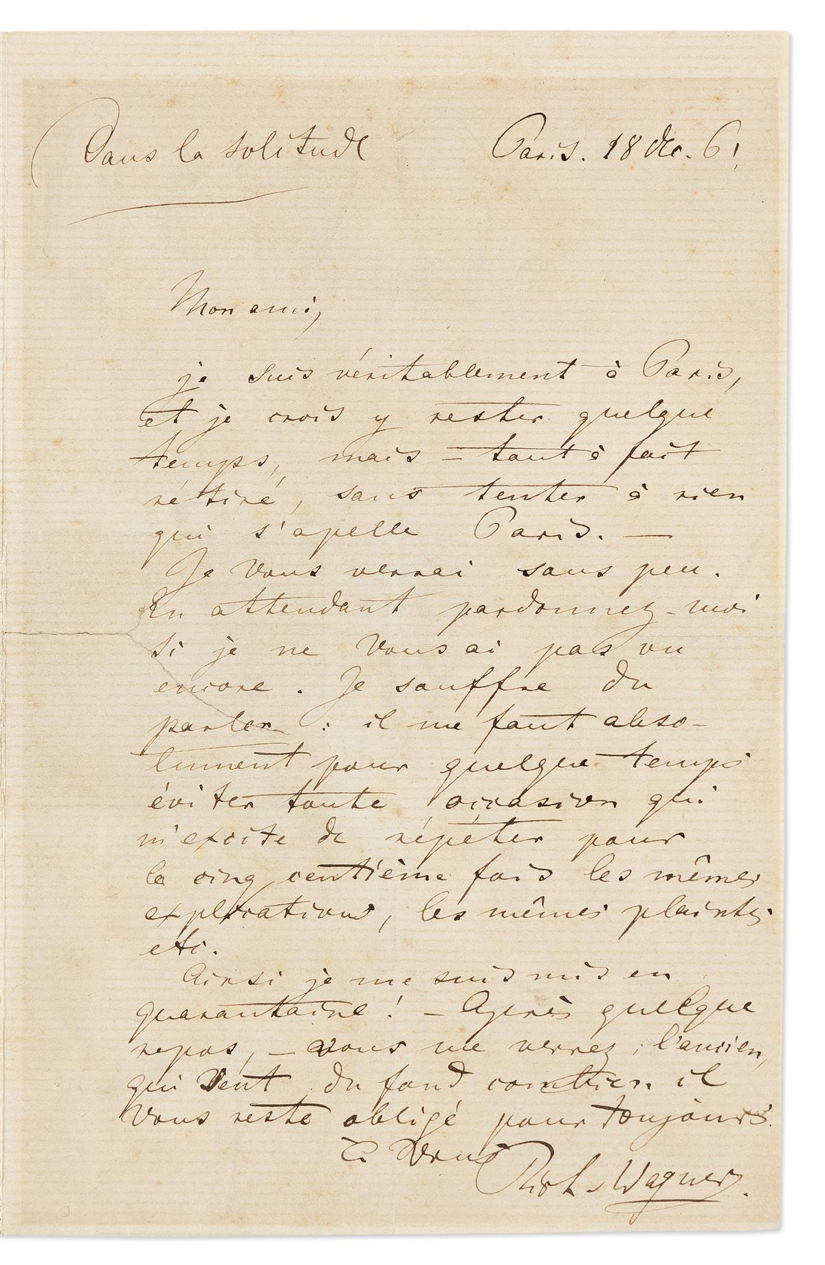 WAGNER, RICHARD. Autograph Letter Signed, Rich. Wagner, to My friend, in French,
